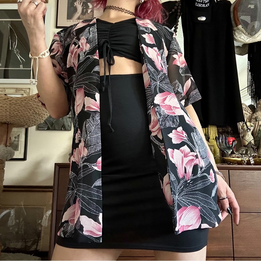vintage 80s clara usa sheer floral spring cover up / top / cardi